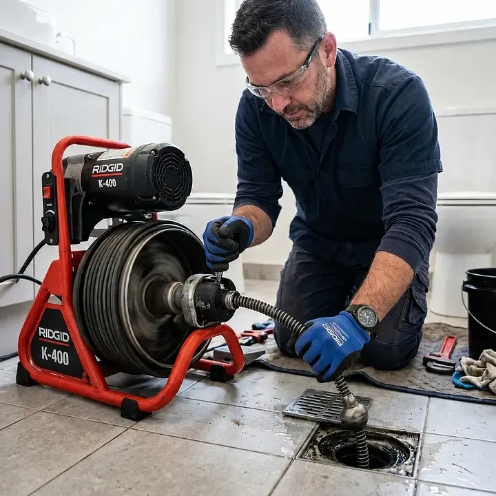 Drain cleaning equipment in use