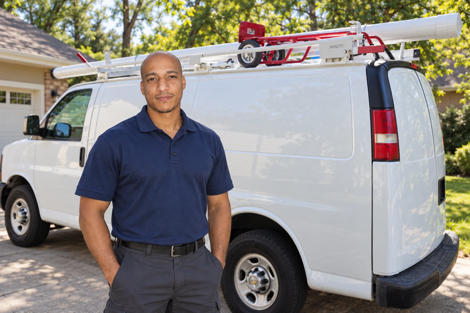 Rapid’s plumber standing beside a service van